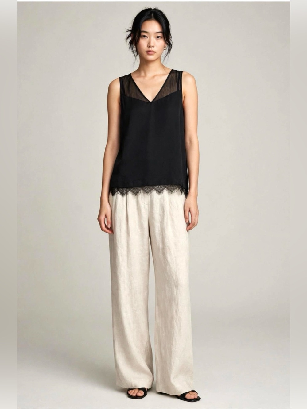 GAP Black Satin Sleeveless Blouse with Lace Accents - Size S